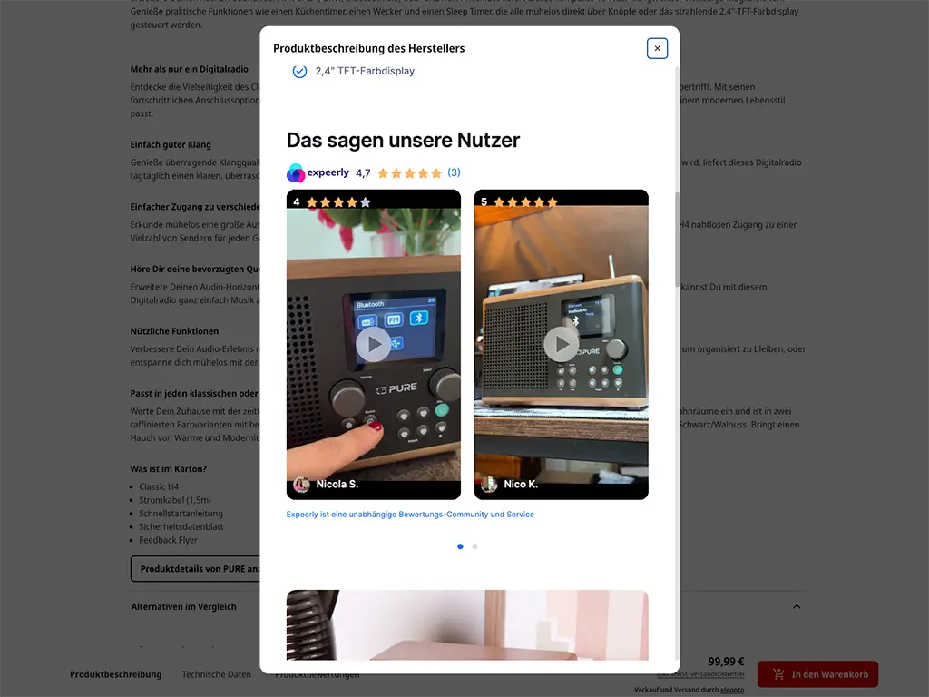 Product review page of the PURE radio with customer reviews from Expeerly and loadbee, displaying 5-star ratings and user photos