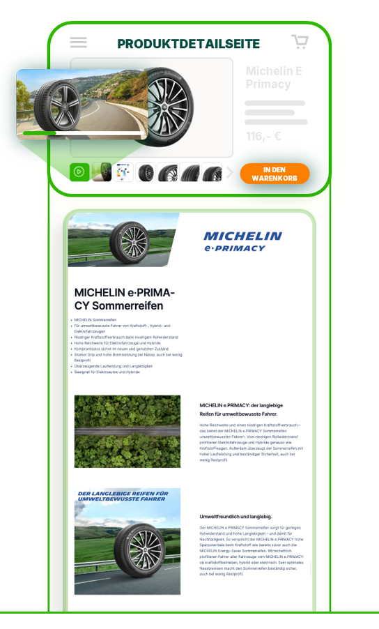 Produktdetailseite eines Michelin-Reifens mit aufbereitetem loadbee-Content
